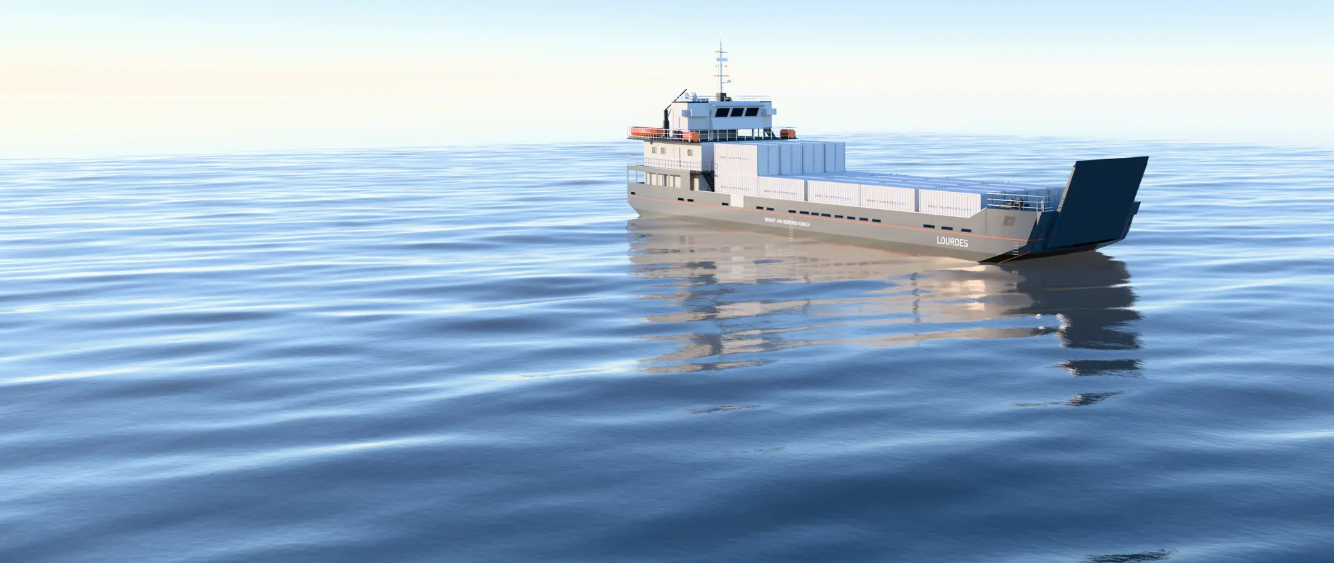 LOURDES, the BNB SHOREBRIDGE 55 reference newbuild, at sea; design visualisation
