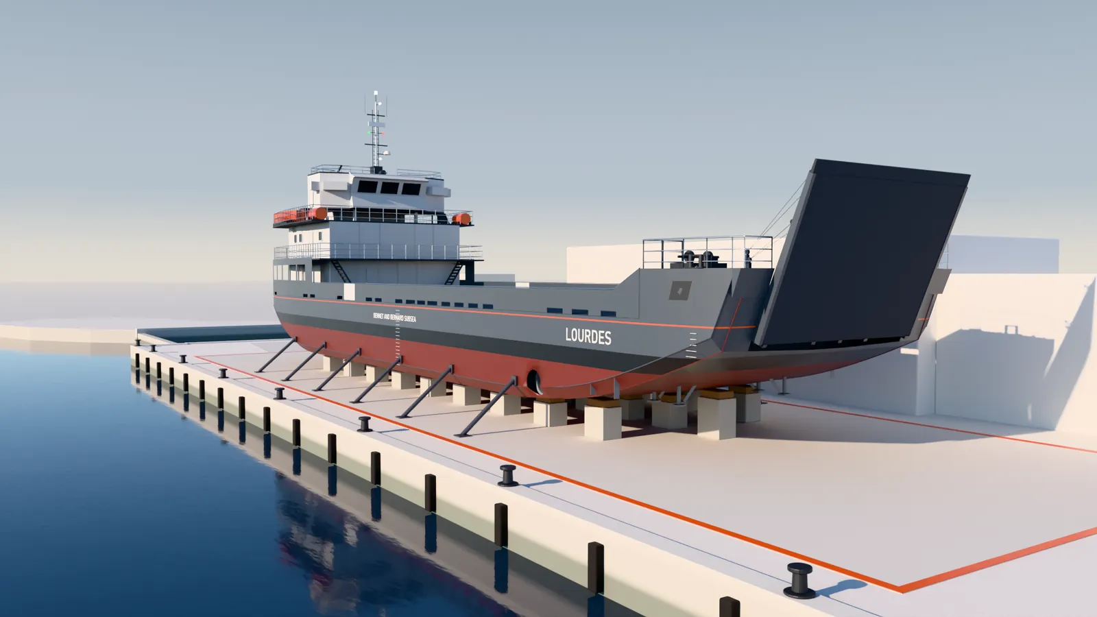 Illustration: LOURDES, shown complete, on keel blocks and side shores inside the marked ship building area on the quay, seen from the waterside